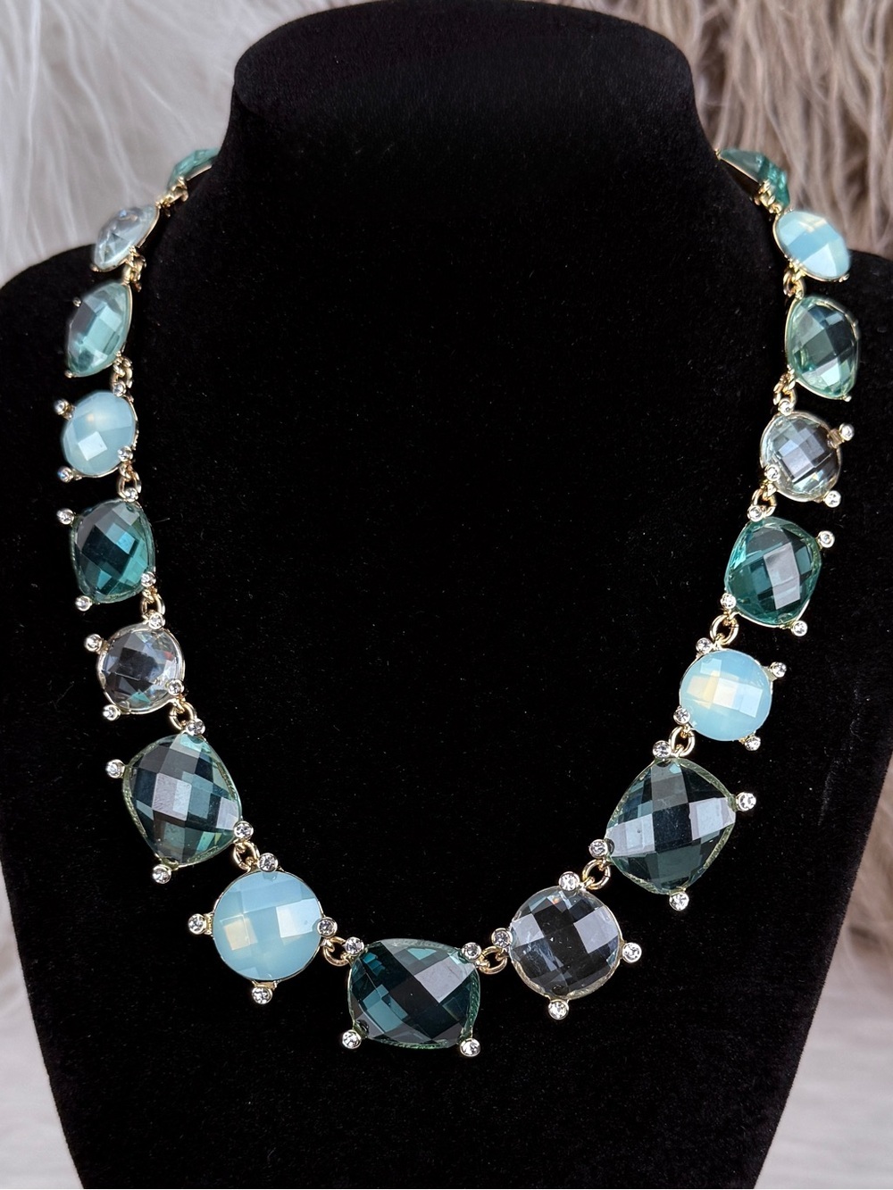 Anne Klein Blue Green Crystal Gold Tone Statement Necklace